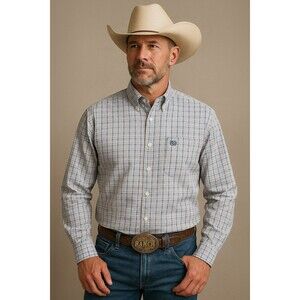 Cinch Men’s Small Button Down Shirt White Blue Gray Plaid NWOT Western Casual